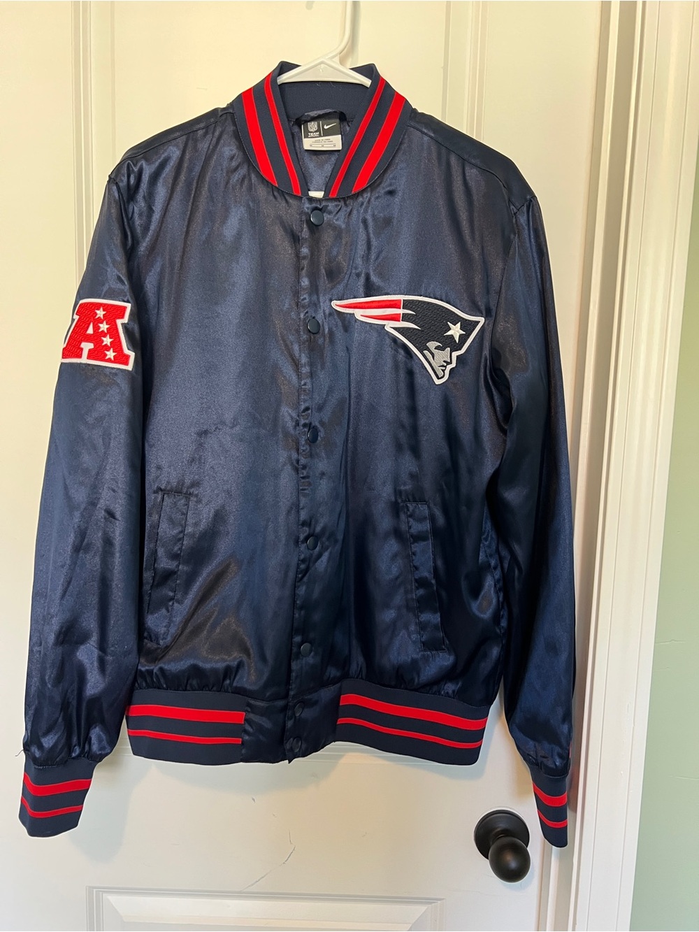 New England Patriots Navy Satin Bomber Jacket by Starter